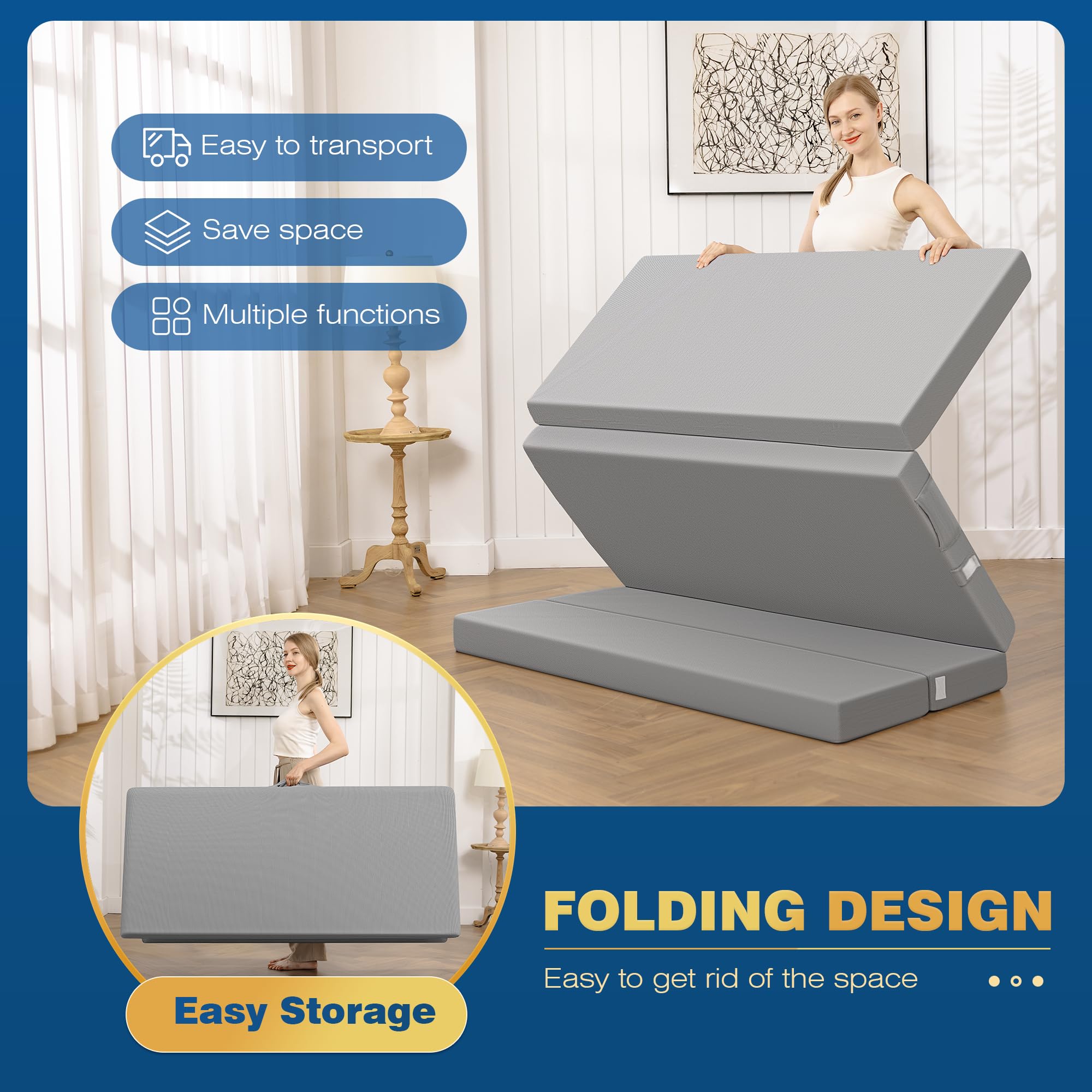 Bestglory Queen Foldable Mattress, 4 Inch Folding Mattress, Queen Mattress Topper, Soft, Dirt-Resistant, Portable Mattress For C